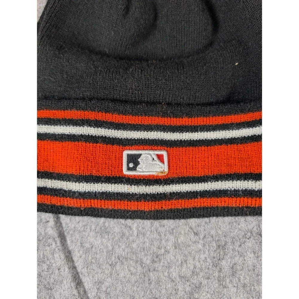 Baltimore Orioles MLB Knit Pom Beanie Hat Black Orange Striped Cartoon Bird Logo